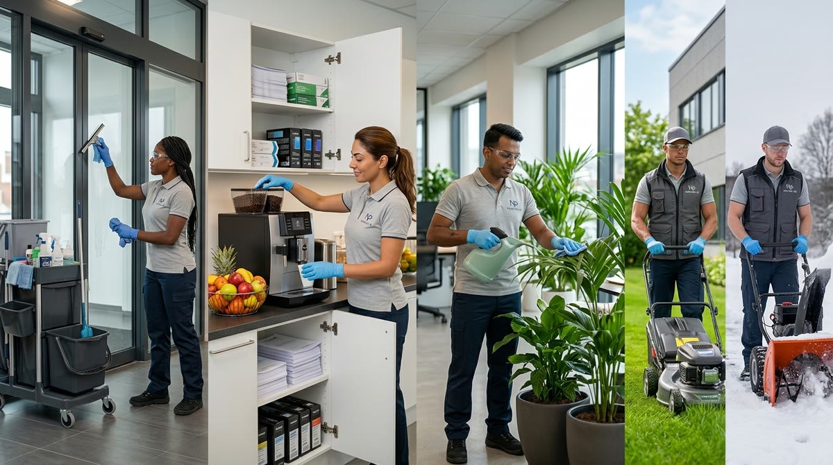 Fem bilder på medarbetare från NadaPro AB: fönsterputs, kaffe och frukt, växtskötsel, gräsklippning och snöröjning