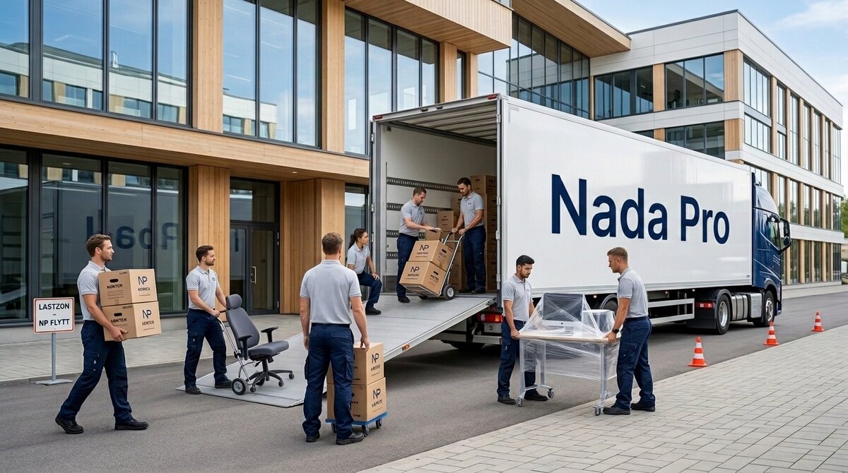 NadaPro AB:s flyttbil och flyttteam utanför en kontorsbyggnad vid en företagsflytt