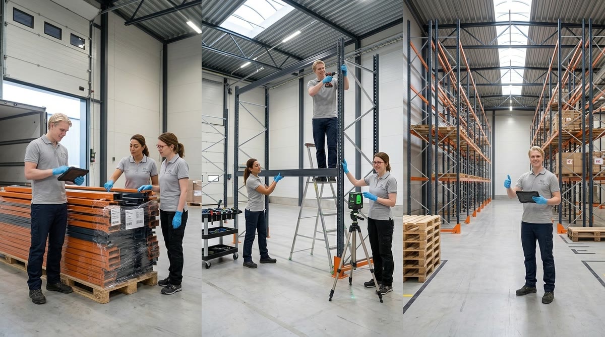 Tre bilder på medarbetare från NadaPro AB som packar upp, monterar och färdigställer pallställ i en lagerhall