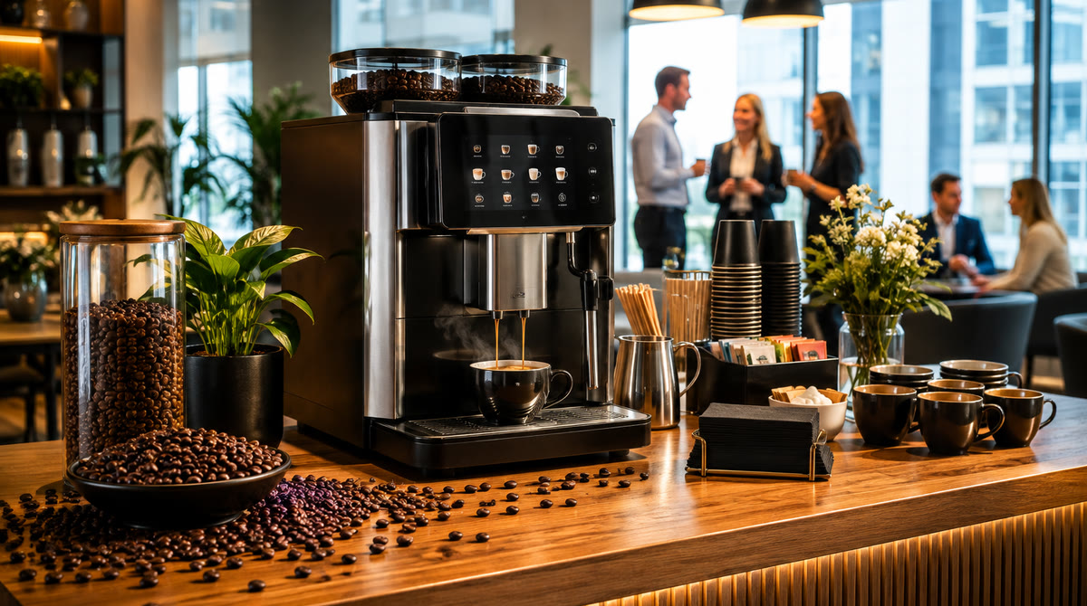 Kaffemaskin på en kaffestation i ett kontor, med bönor, koppar och medarbetare i bakgrunden
