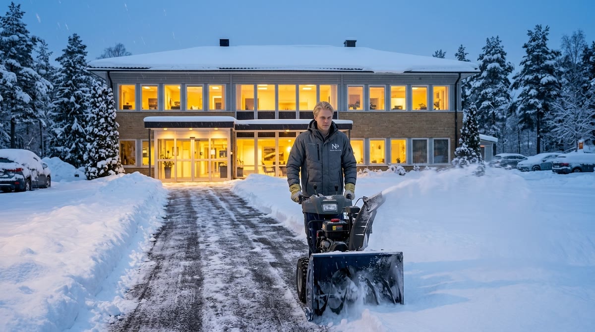 Medarbetare från NadaPro AB kör snöslunga på uppfarten framför en upplyst kontorsbyggnad i vinterskymning